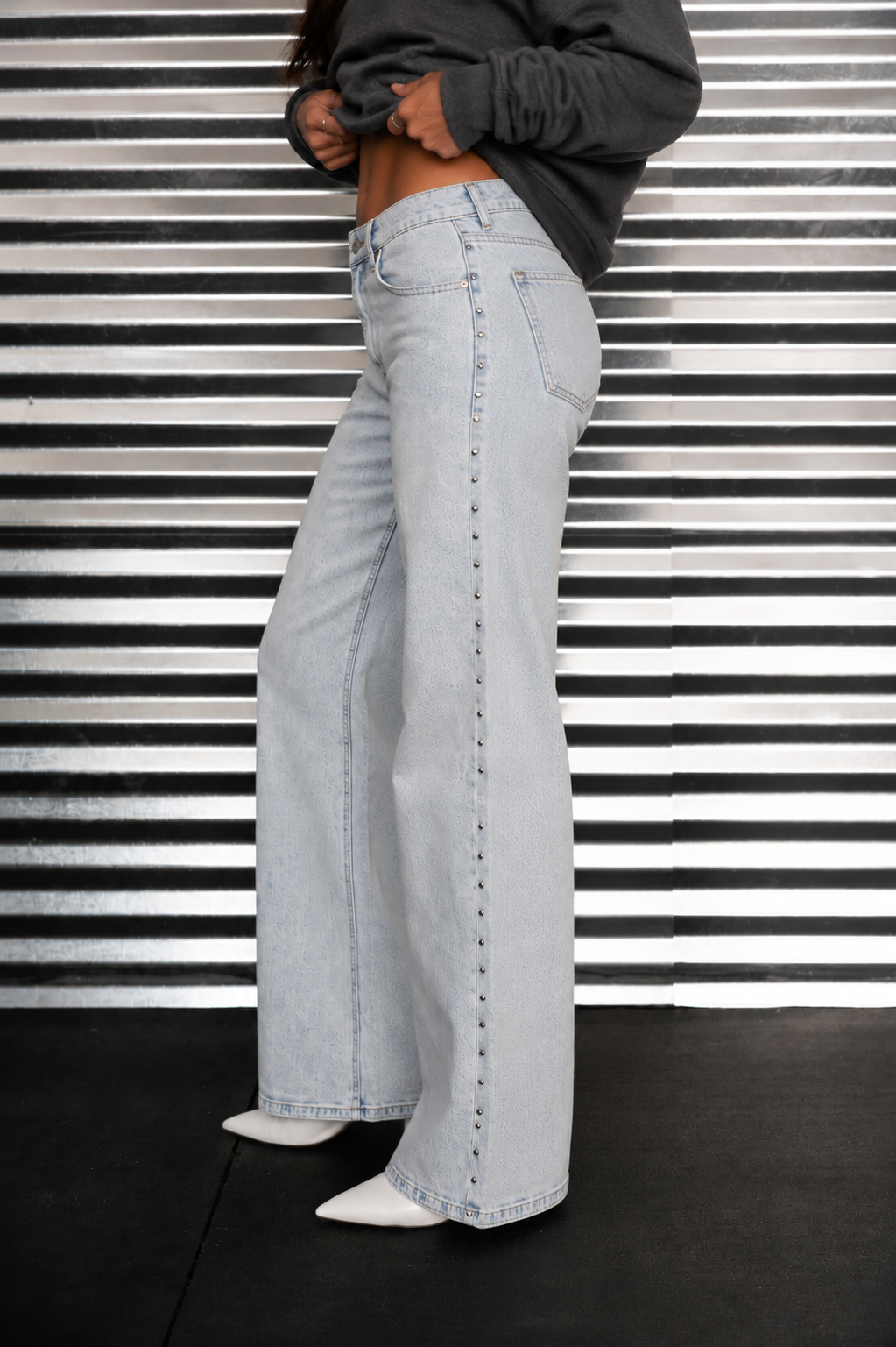 BREN SIDE STUDDED WIDE LEG DENIM