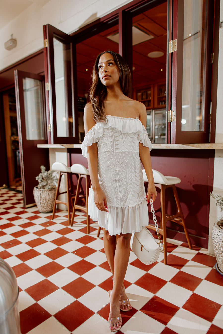 WILLOW PLEATED OFF THE SHOULDER MINI DRESS