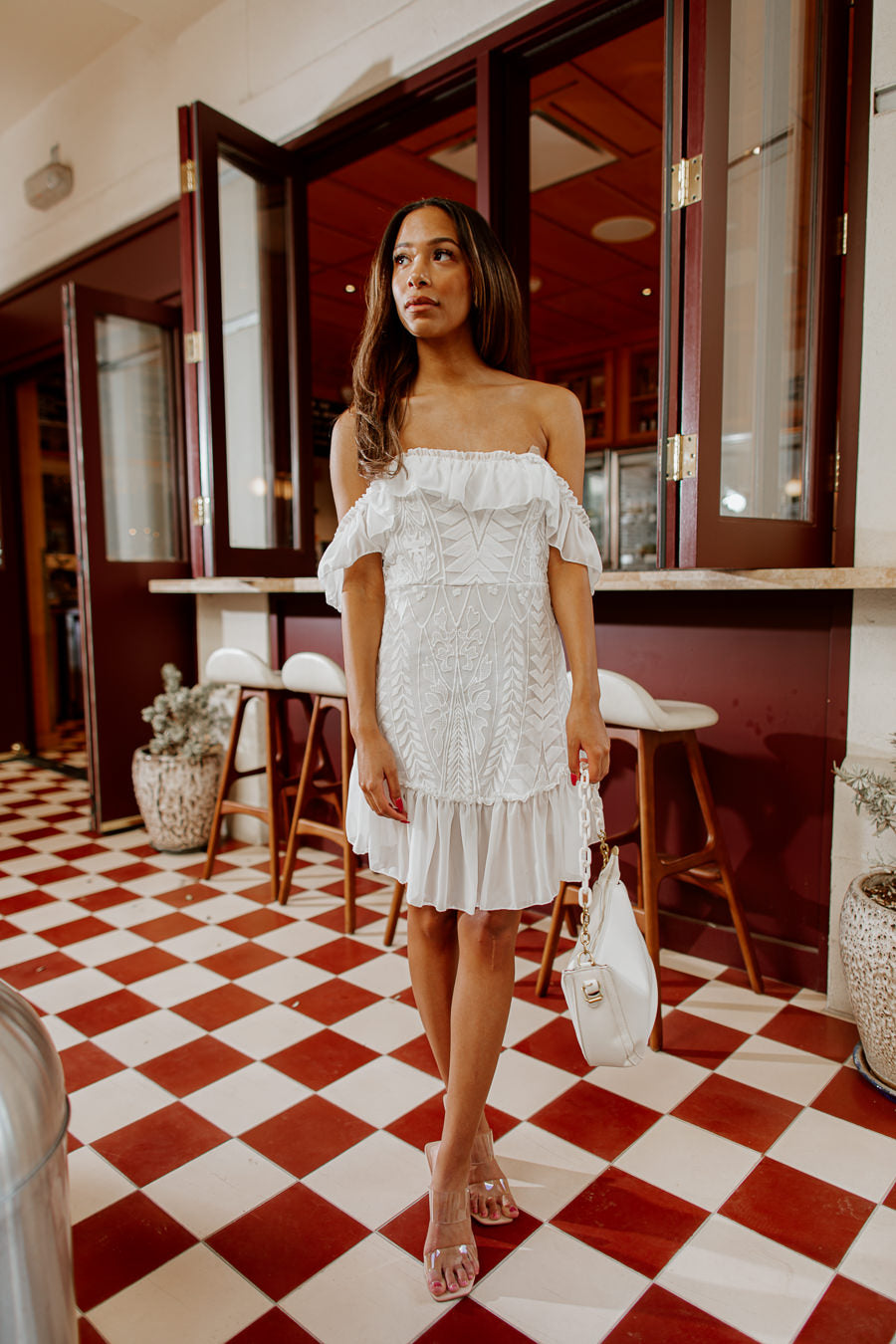 WILLOW PLEATED OFF THE SHOULDER MINI DRESS