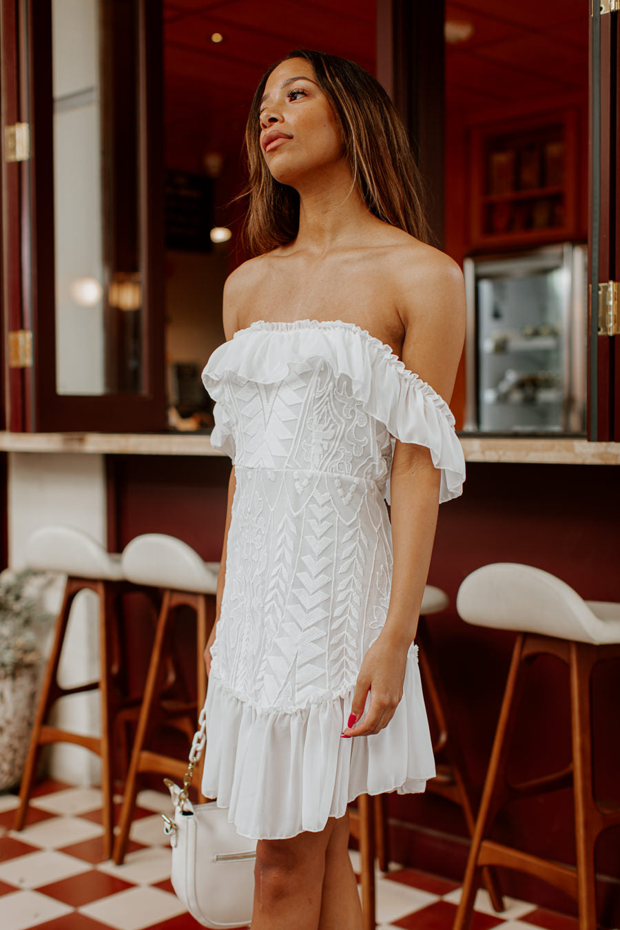 WILLOW PLEATED OFF THE SHOULDER MINI DRESS